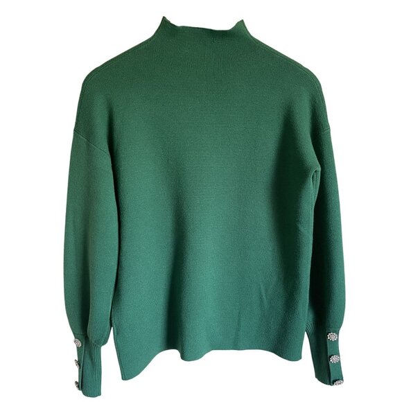 Tahari Size Small Kelly Green Mock Neck Pullover Sweater Rhinestone Button Cuff - Picture 1 of 6